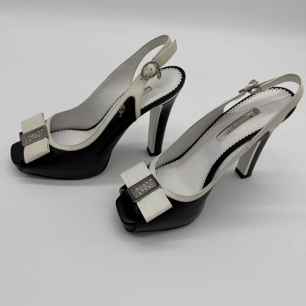 Authentic Marino Fabiani Slingback Heels Size 38 Black White Platform Italy